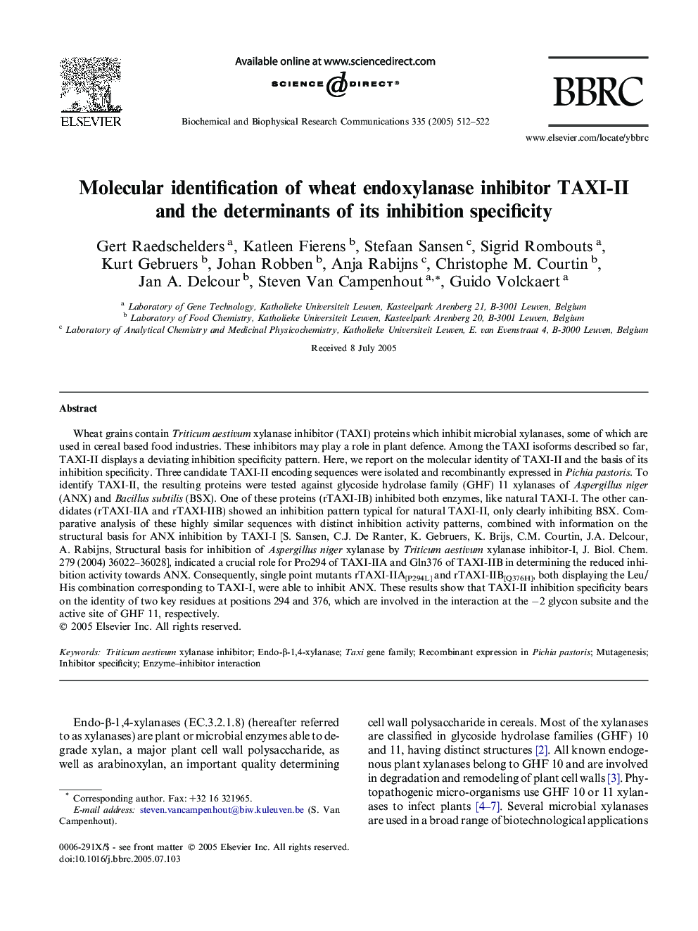 Molecular identification of wheat endoxylanase inhibitor TAXI-II and the determinants of its inhibition specificity