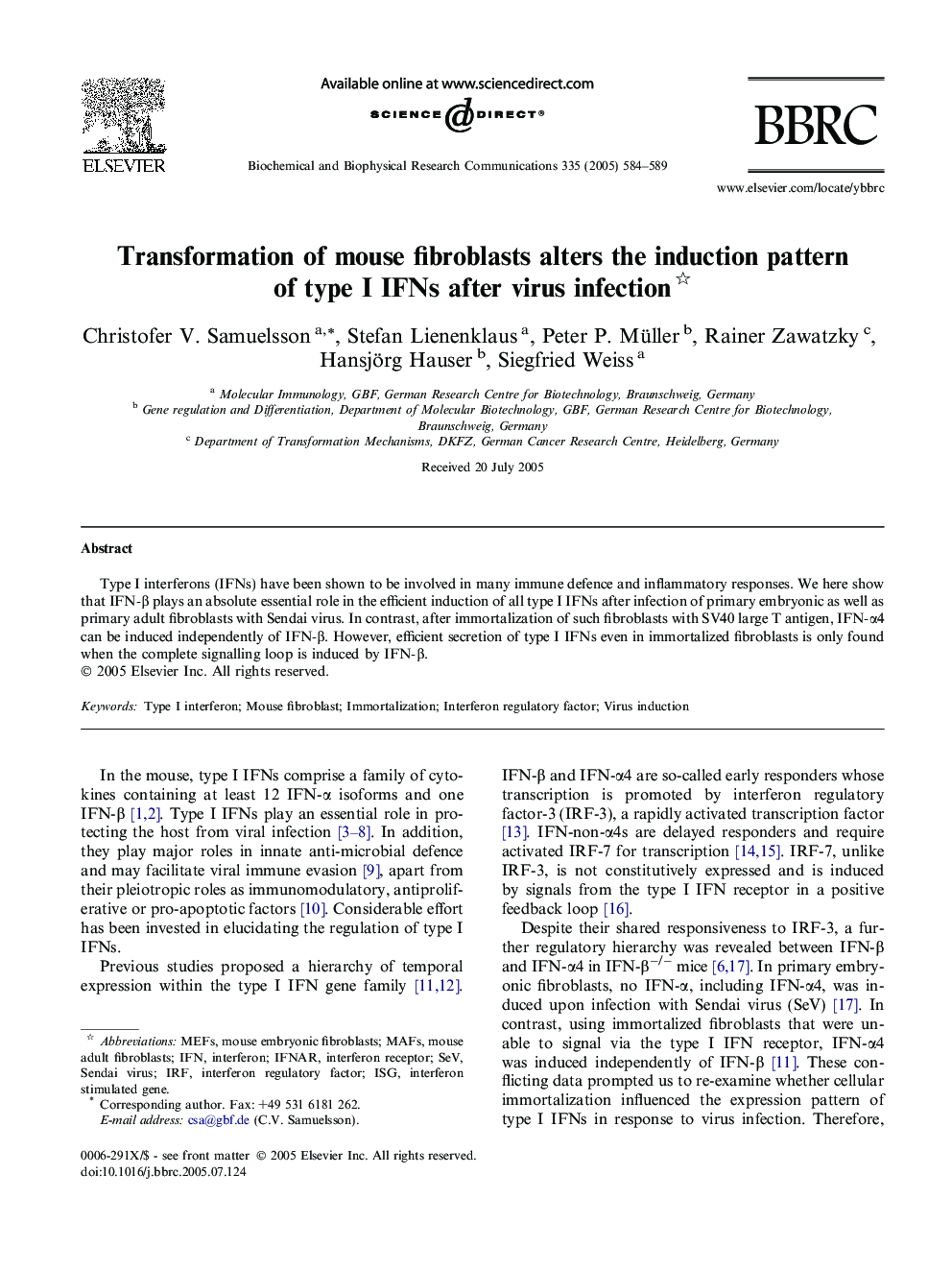 Transformation of mouse fibroblasts alters the induction pattern of type I IFNs after virus infection