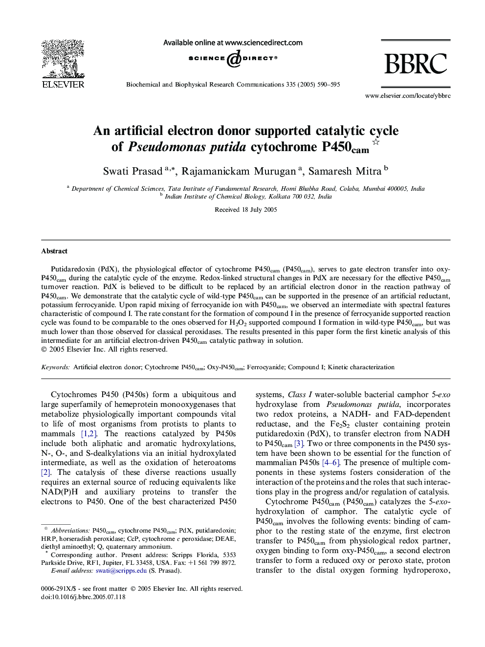 An artificial electron donor supported catalytic cycle of Pseudomonas putida cytochrome P450cam