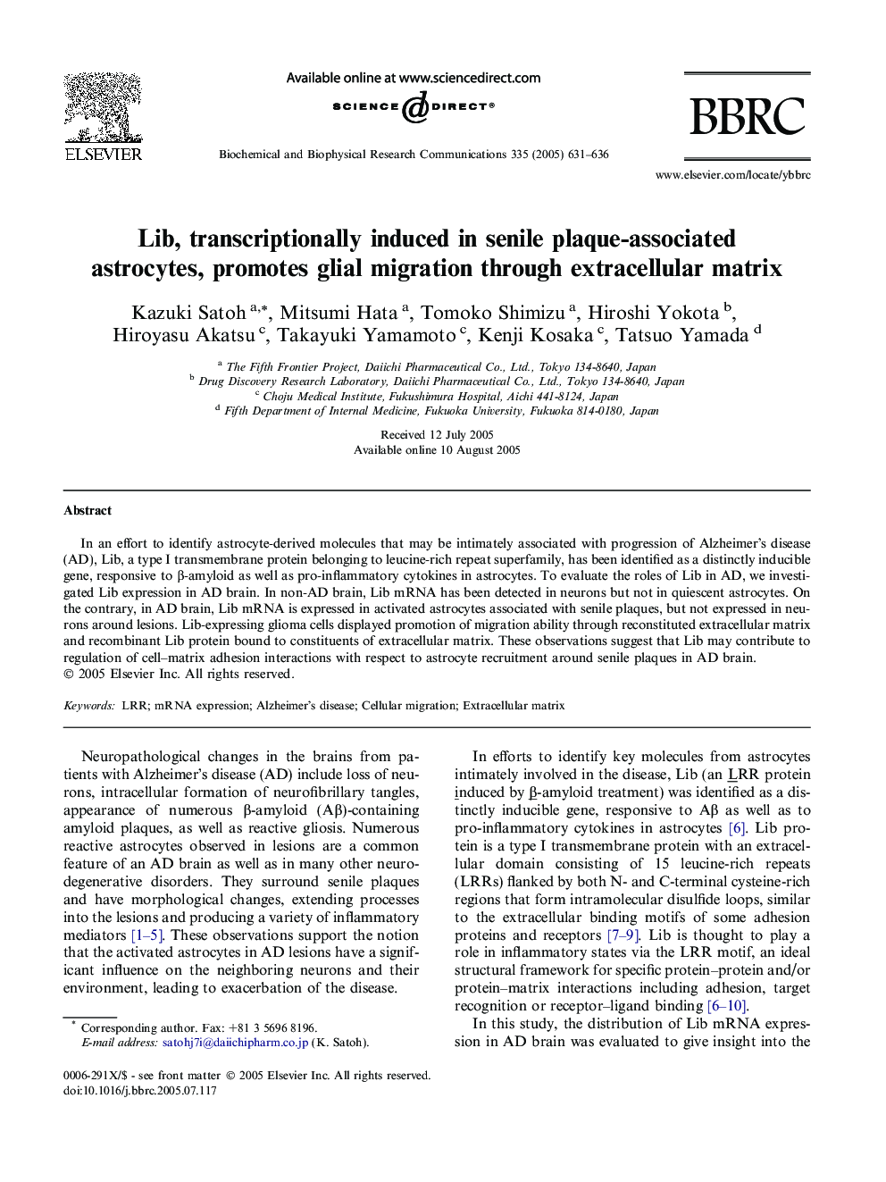 Lib, transcriptionally induced in senile plaque-associated astrocytes, promotes glial migration through extracellular matrix