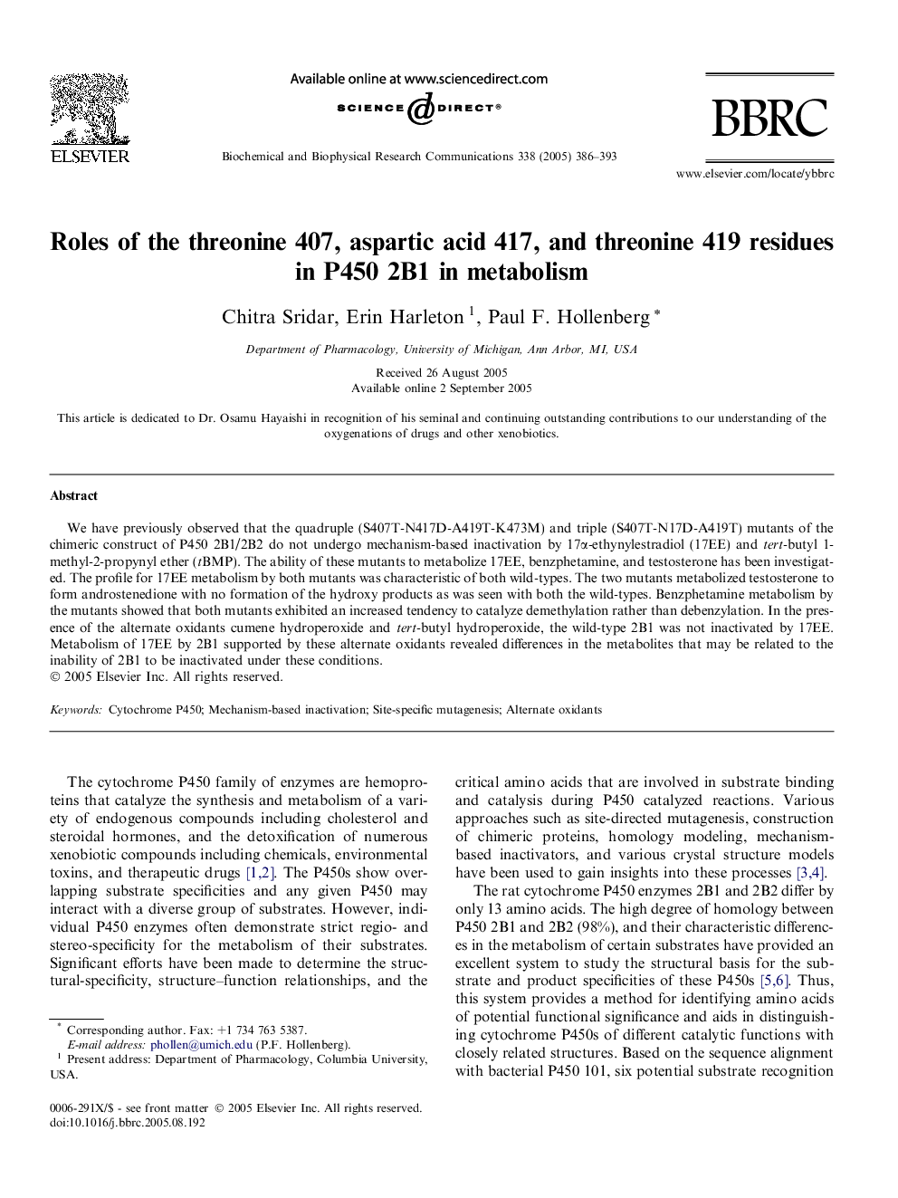 Roles of the threonine 407, aspartic acid 417, and threonine 419 residues in P450 2B1 in metabolism