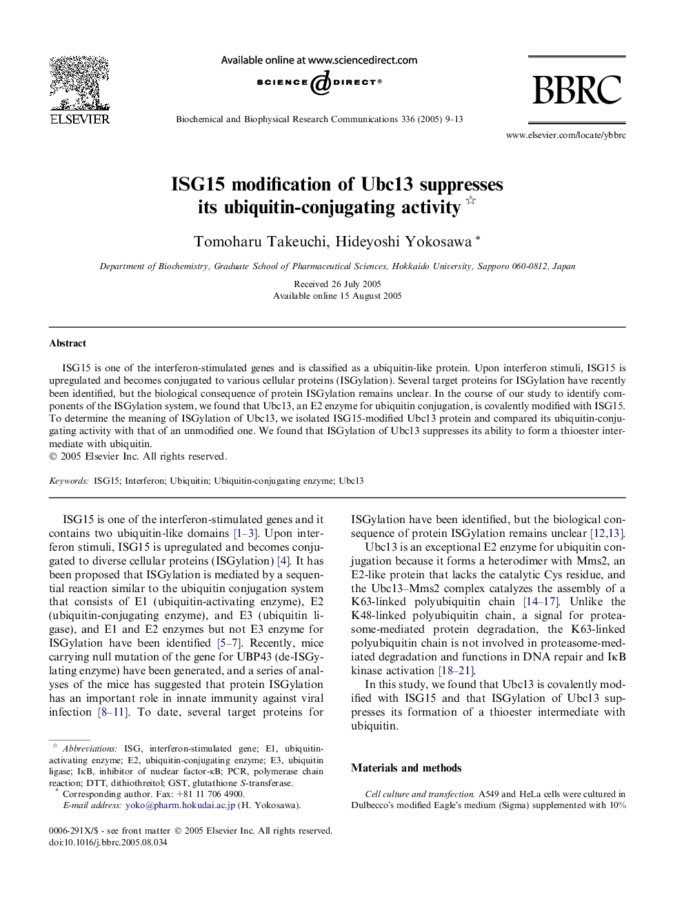 ISG15 modification of Ubc13 suppresses its ubiquitin-conjugating activity