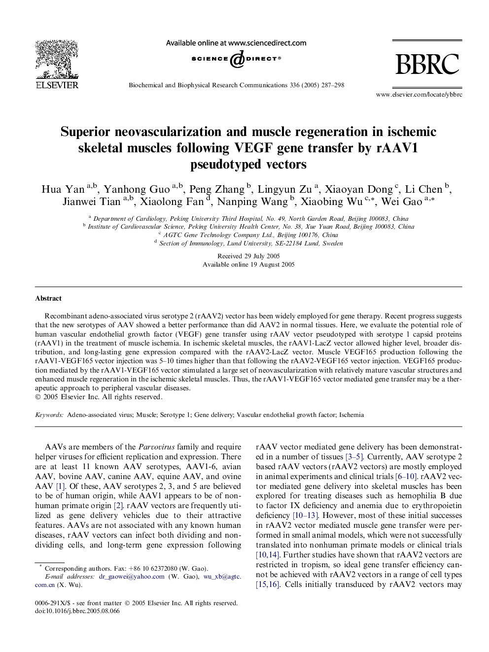 Superior neovascularization and muscle regeneration in ischemic skeletal muscles following VEGF gene transfer by rAAV1 pseudotyped vectors