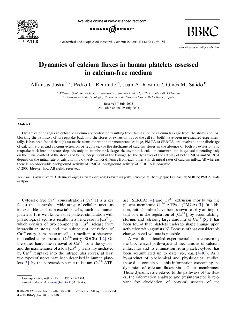 Dynamics of calcium fluxes in human platelets assessed in calcium-free medium