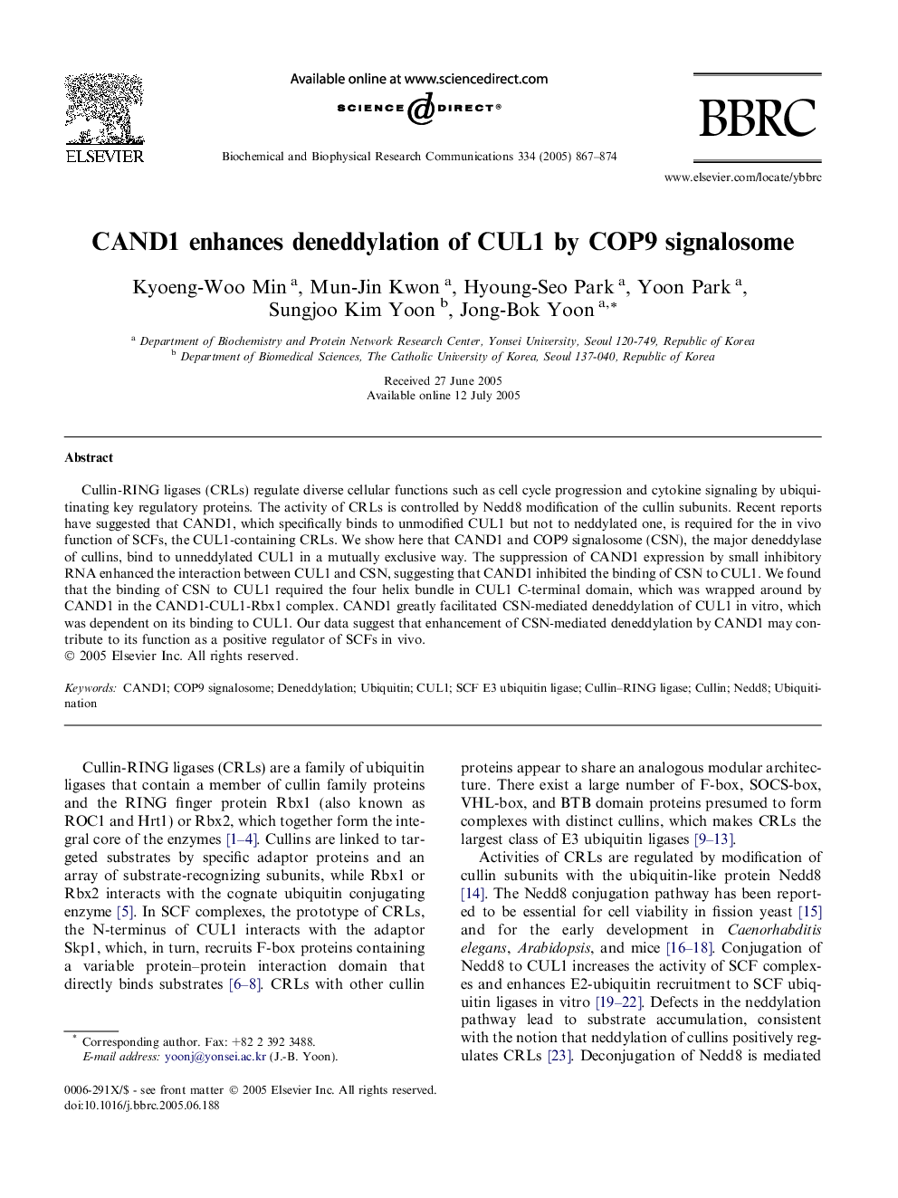 CAND1 enhances deneddylation of CUL1 by COP9 signalosome