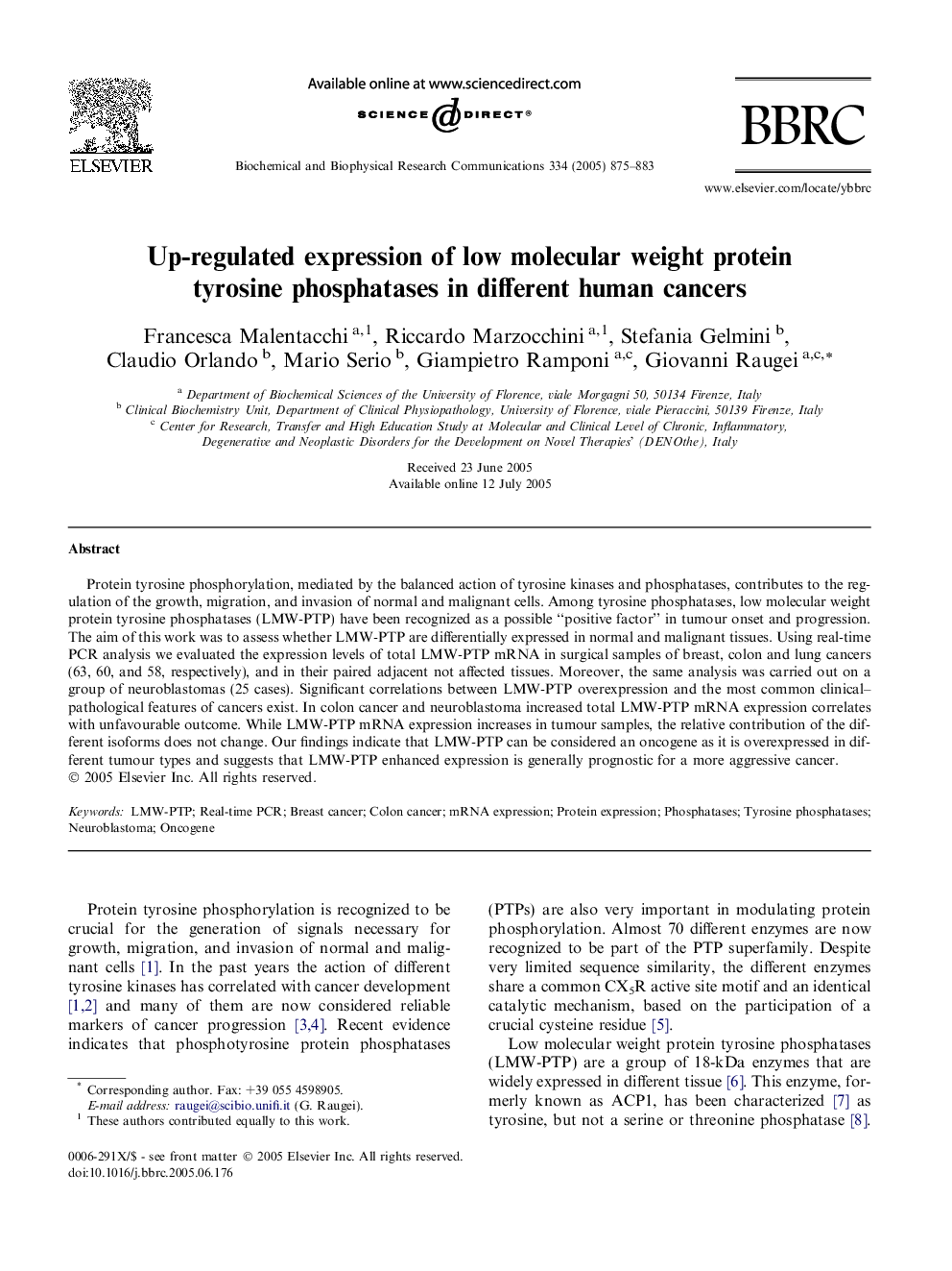 Up-regulated expression of low molecular weight protein tyrosine phosphatases in different human cancers