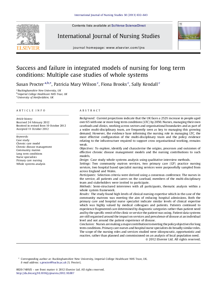 Success and failure in integrated models of nursing for long term conditions: Multiple case studies of whole systems