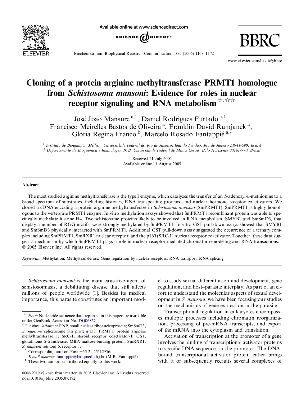 Cloning of a protein arginine methyltransferase PRMT1 homologue from Schistosoma mansoni: Evidence for roles in nuclear receptor signaling and RNA metabolism