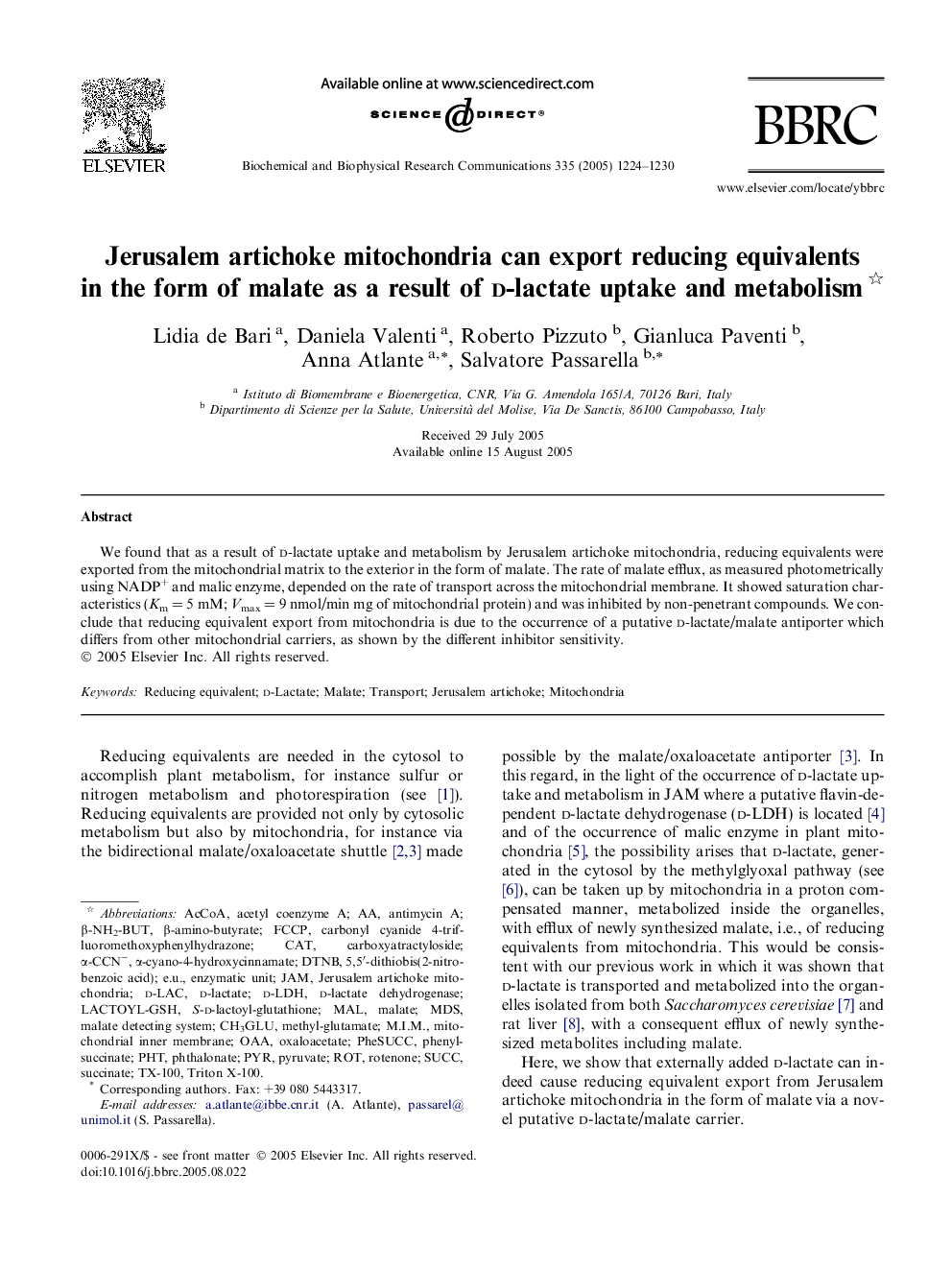 Jerusalem artichoke mitochondria can export reducing equivalents in the form of malate as a result of d-lactate uptake and metabolism