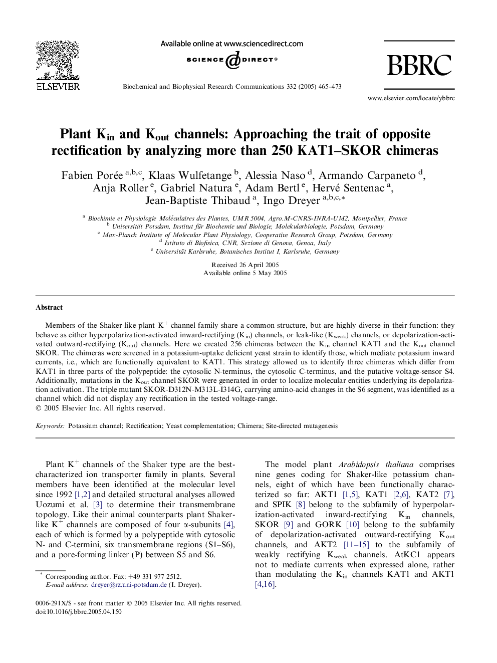 Plant Kin and Kout channels: Approaching the trait of opposite rectification by analyzing more than 250 KAT1-SKOR chimeras