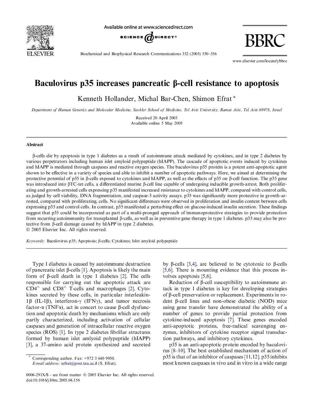 عکس صفحه اول مقاله: Baculovirus p35 increases pancreatic β-cell resistance to apoptosis Baculovirus p35 increases pancreatic β-cell resistance to apoptosis