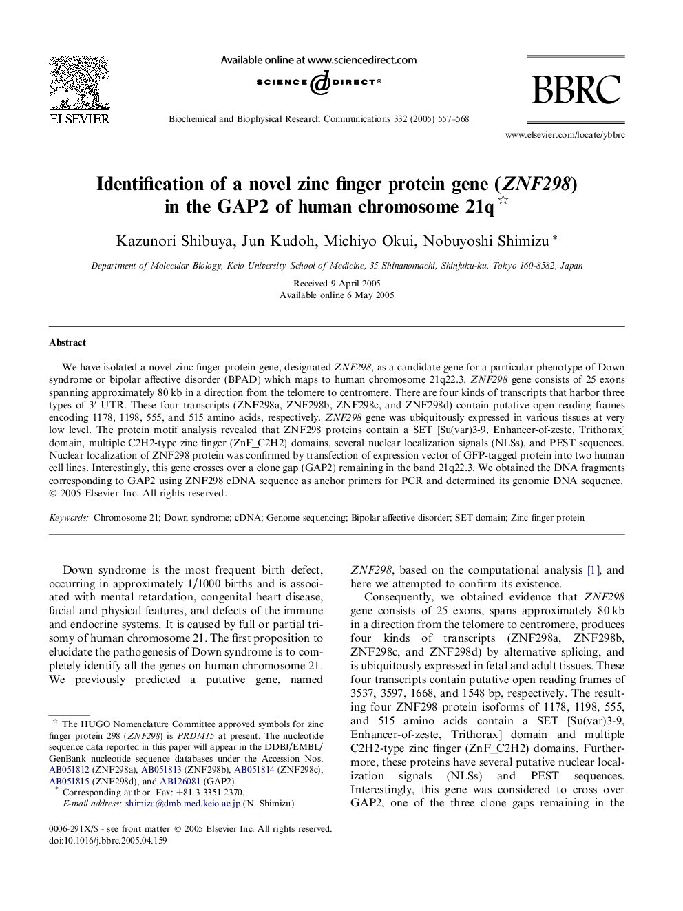 Identification of a novel zinc finger protein gene (ZNF298) in the GAP2 of human chromosome 21q