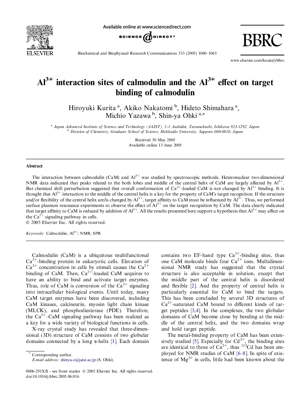 Al3+ interaction sites of calmodulin and the Al3+ effect on target binding of calmodulin