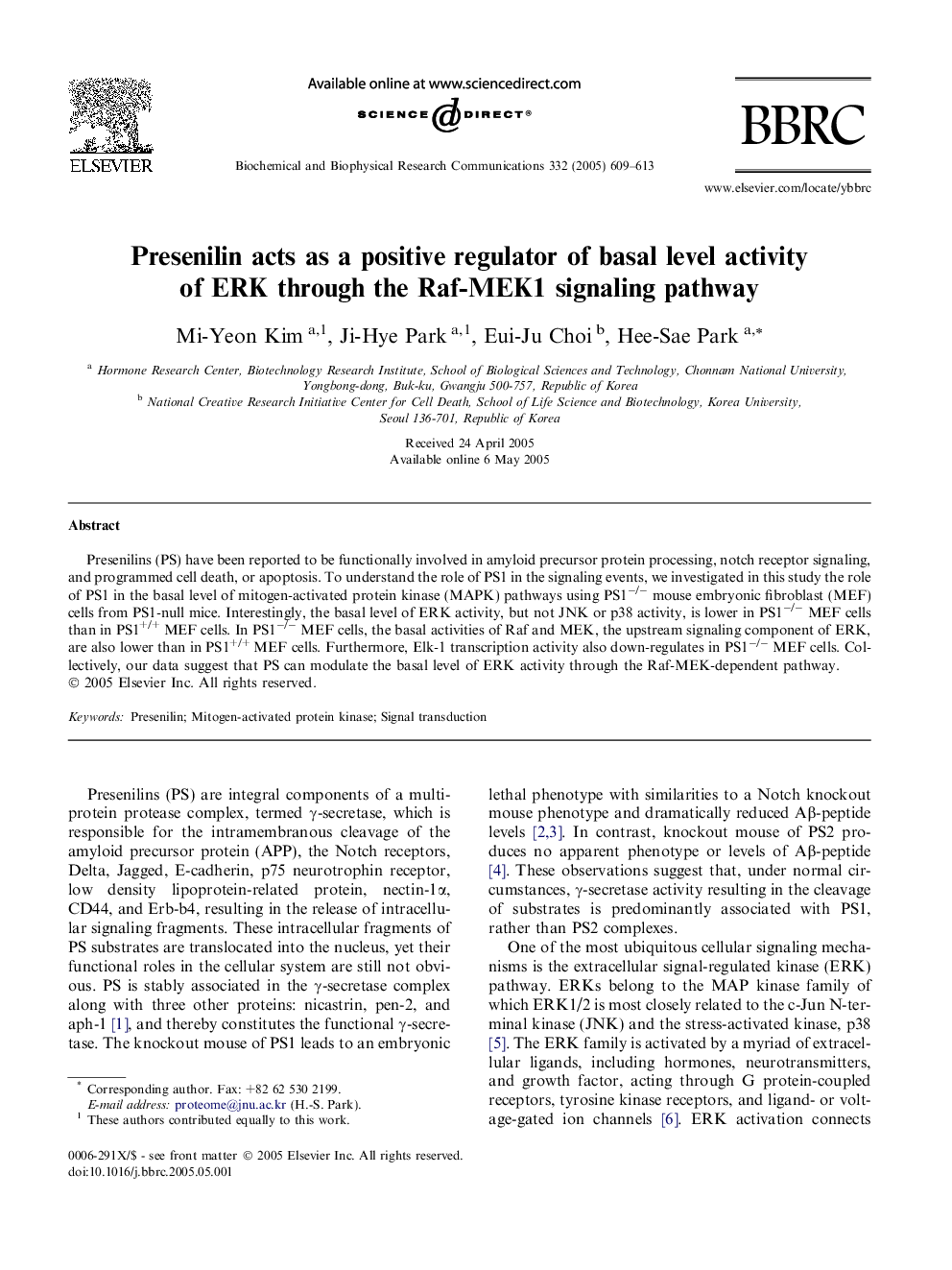 Presenilin acts as a positive regulator of basal level activity of ERK through the Raf-MEK1 signaling pathway