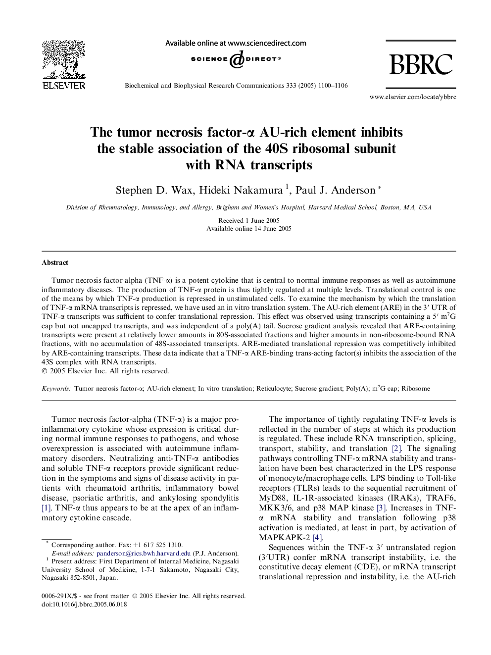 The tumor necrosis factor-Î± AU-rich element inhibits the stable association of the 40S ribosomal subunit with RNA transcripts