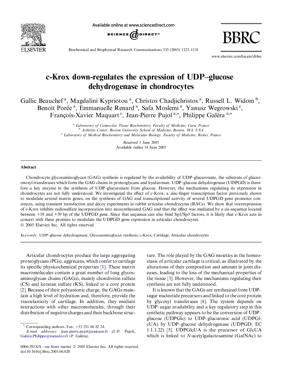 c-Krox down-regulates the expression of UDP-glucose dehydrogenase in chondrocytes