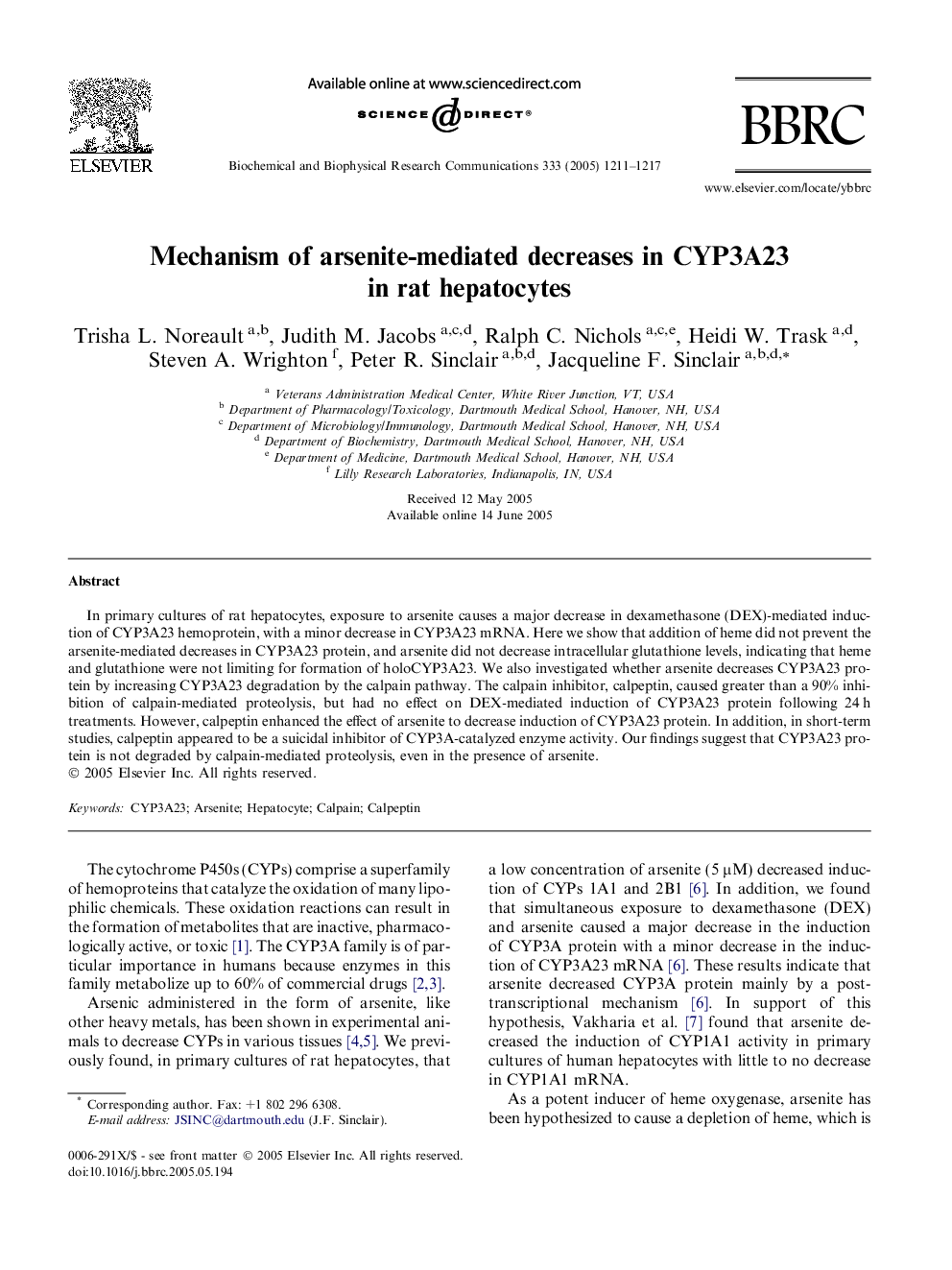 Mechanism of arsenite-mediated decreases in CYP3A23 in rat hepatocytes