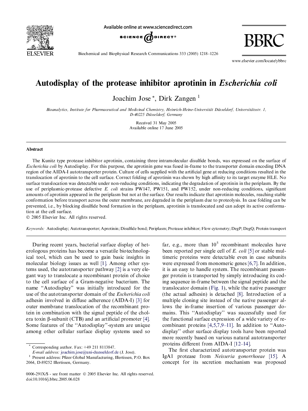 Autodisplay of the protease inhibitor aprotinin in Escherichia coli