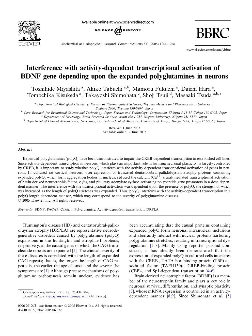 Interference with activity-dependent transcriptional activation of BDNF gene depending upon the expanded polyglutamines in neurons