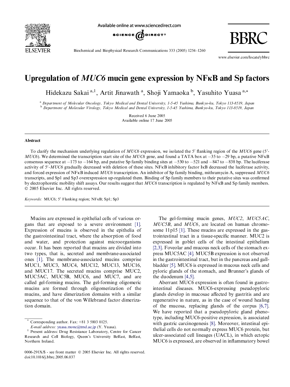 Upregulation of MUC6 mucin gene expression by NFÎºB and Sp factors