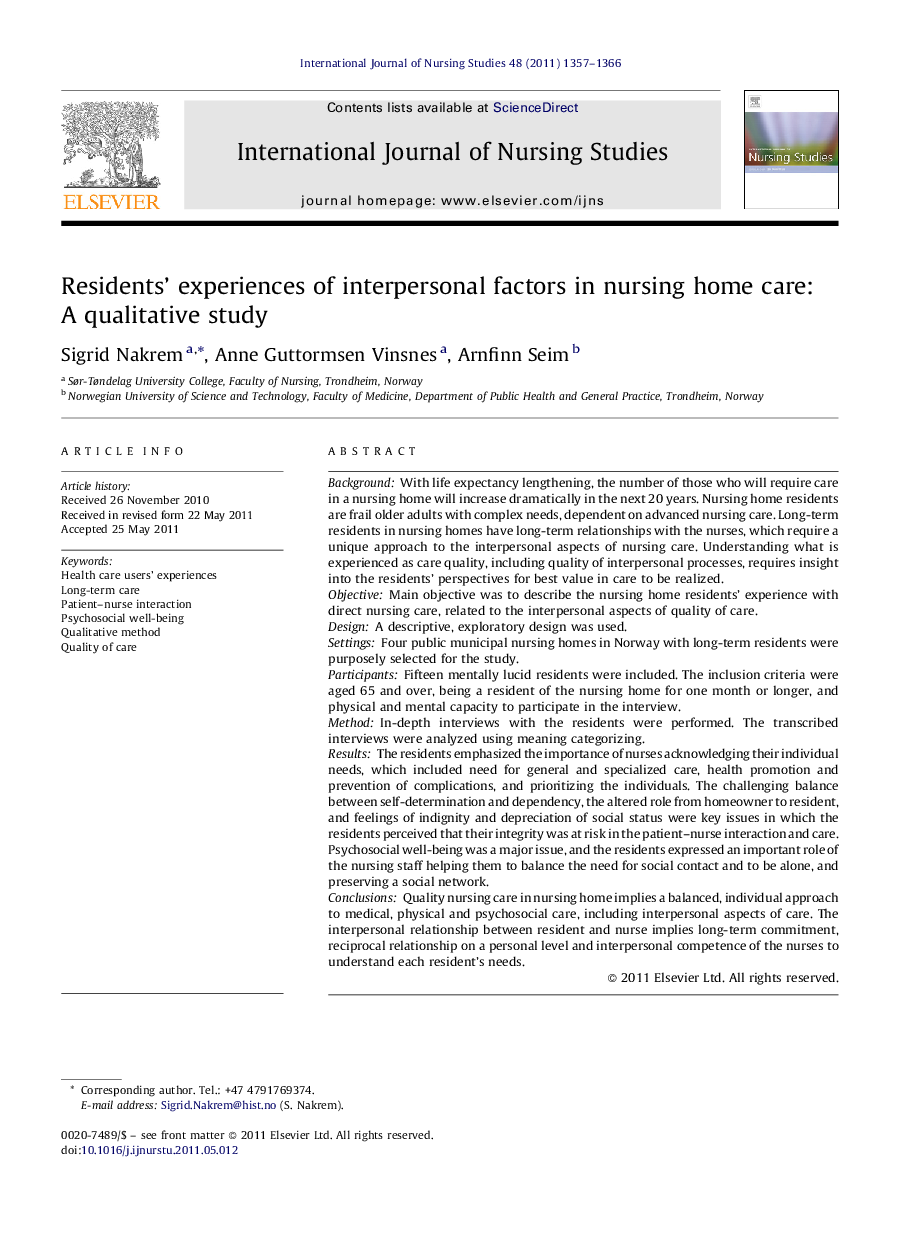 Residents’ experiences of interpersonal factors in nursing home care: A qualitative study