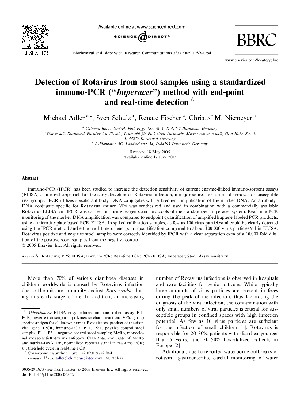 Detection of Rotavirus from stool samples using a standardized immuno-PCR (“Imperacer”) method with end-point and real-time detection