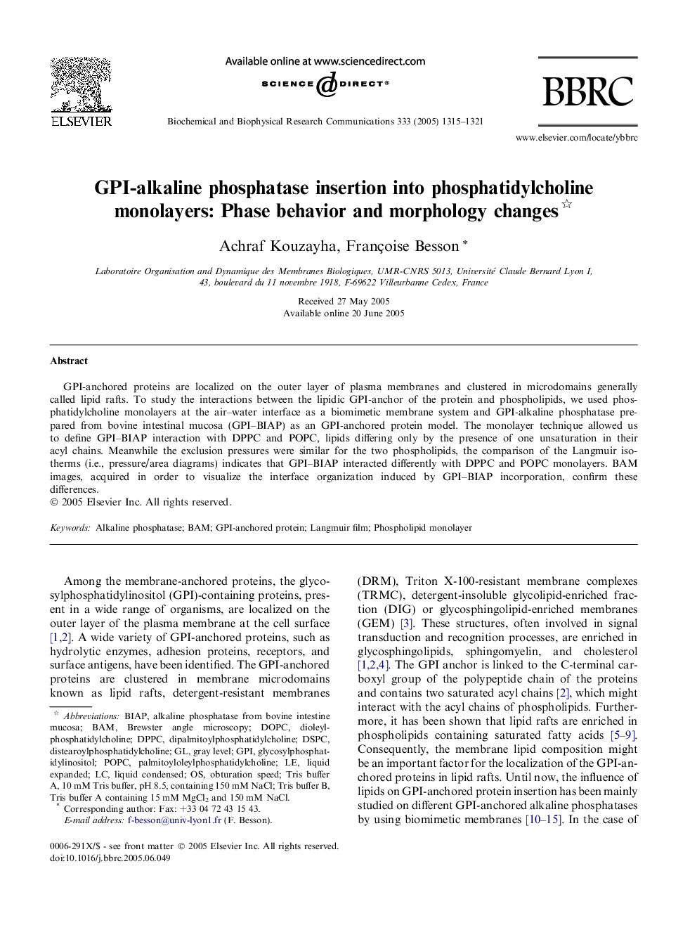 GPI-alkaline phosphatase insertion into phosphatidylcholine monolayers: Phase behavior and morphology changes