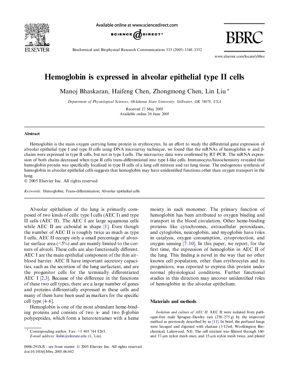 Hemoglobin is expressed in alveolar epithelial type II cells