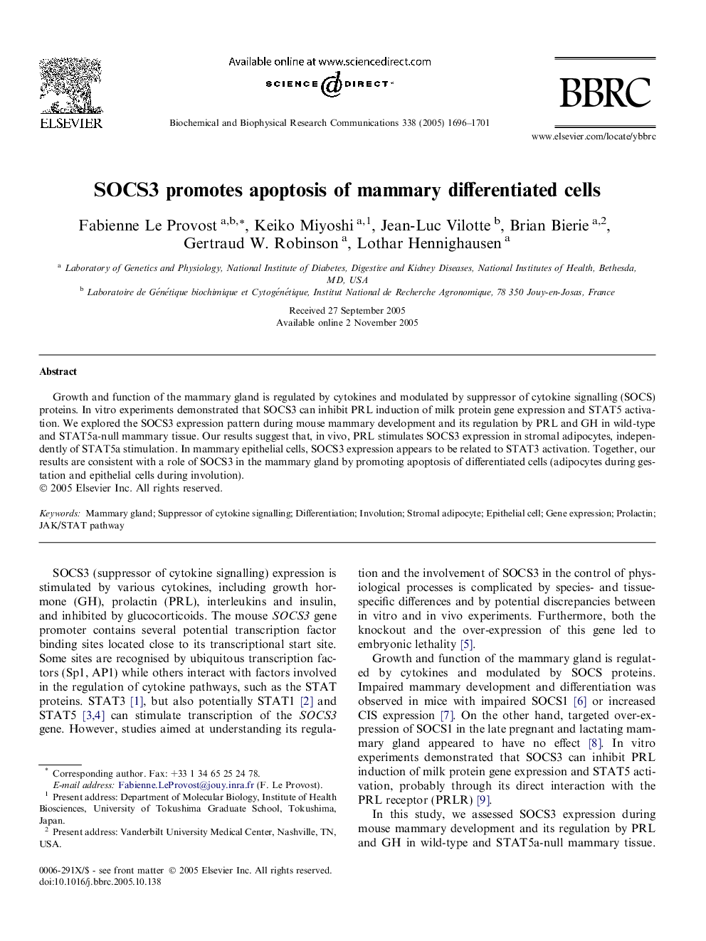 SOCS3 promotes apoptosis of mammary differentiated cells