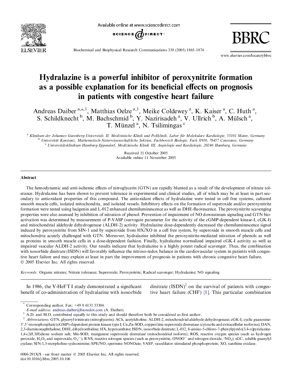 Hydralazine is a powerful inhibitor of peroxynitrite formation as a possible explanation for its beneficial effects on prognosis in patients with congestive heart failure