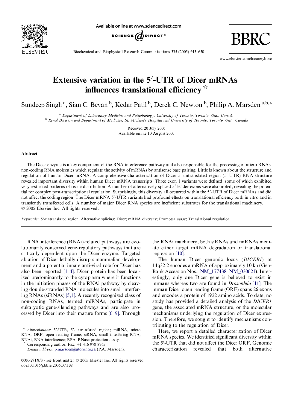 Extensive variation in the 5â²-UTR of Dicer mRNAs influences translational efficiency