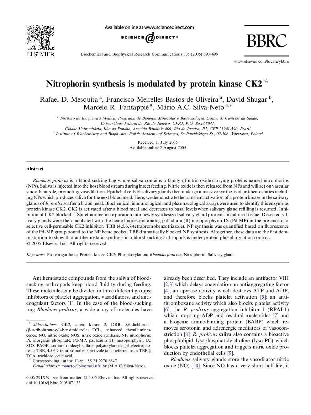 Nitrophorin synthesis is modulated by protein kinase CK2