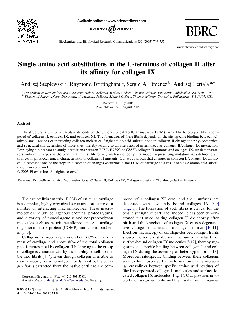 Single amino acid substitutions in the C-terminus of collagen II alter its affinity for collagen IX