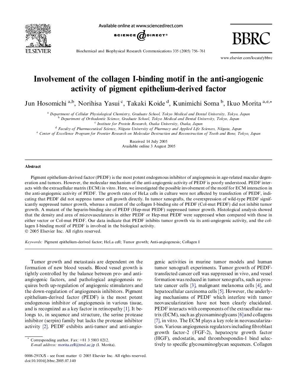 Involvement of the collagen I-binding motif in the anti-angiogenic activity of pigment epithelium-derived factor