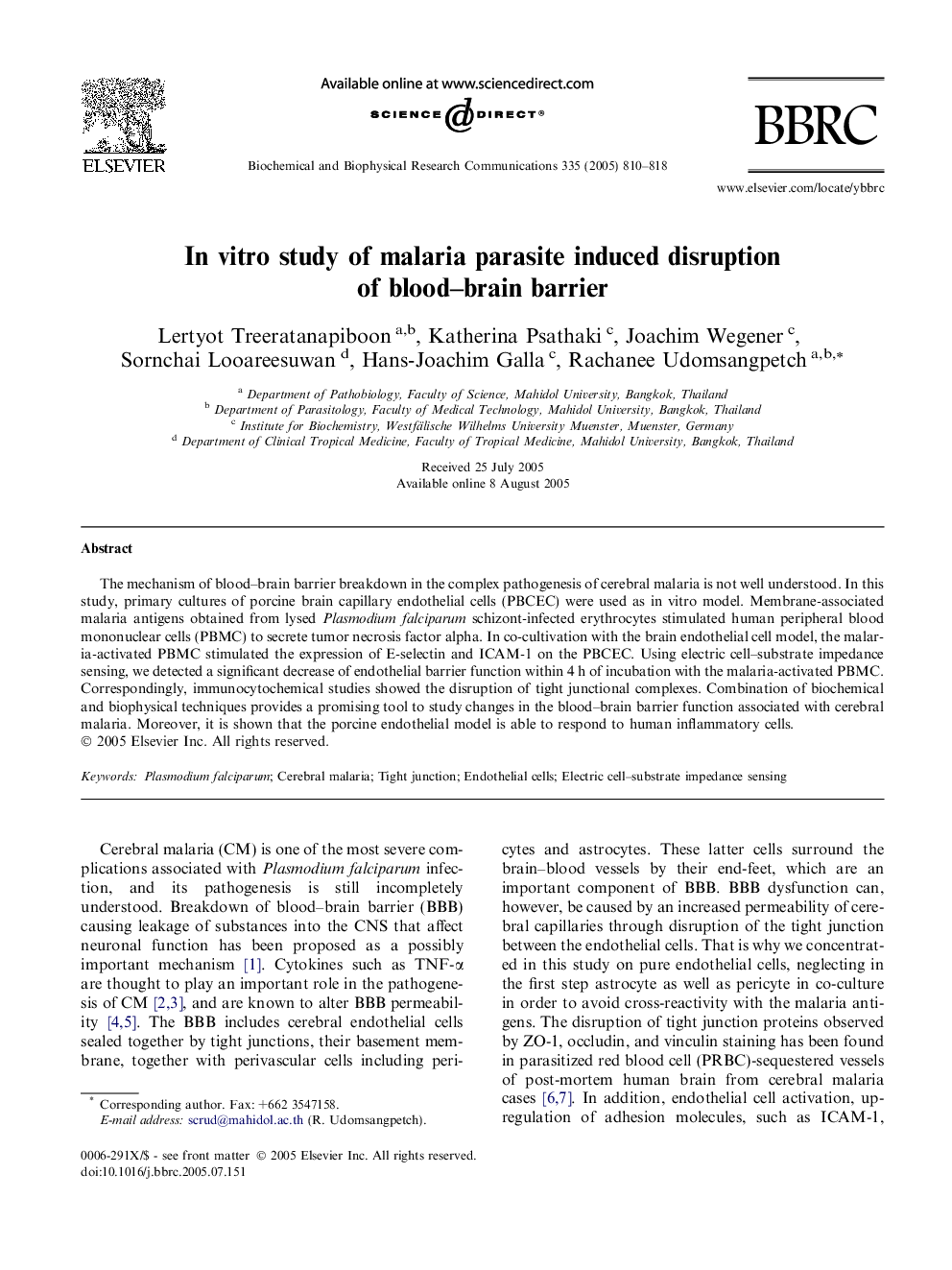 In vitro study of malaria parasite induced disruption of blood-brain barrier