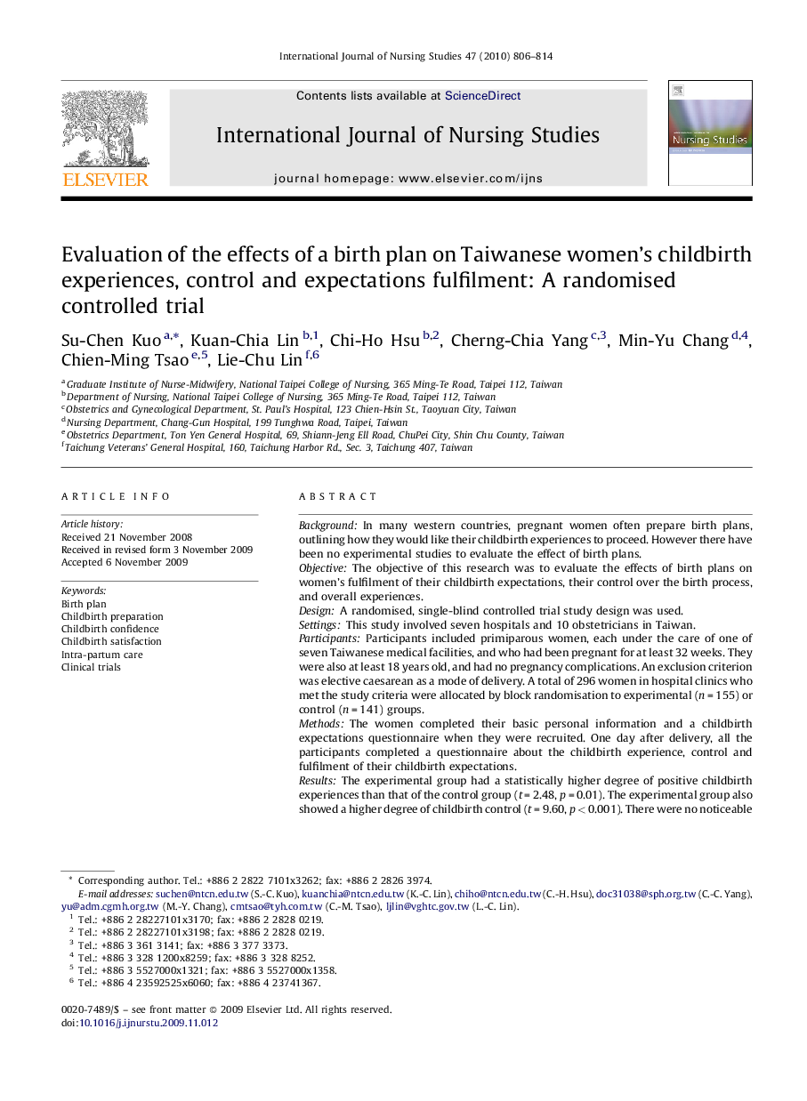 Evaluation of the effects of a birth plan on Taiwanese women's childbirth experiences, control and expectations fulfilment: A randomised controlled trial