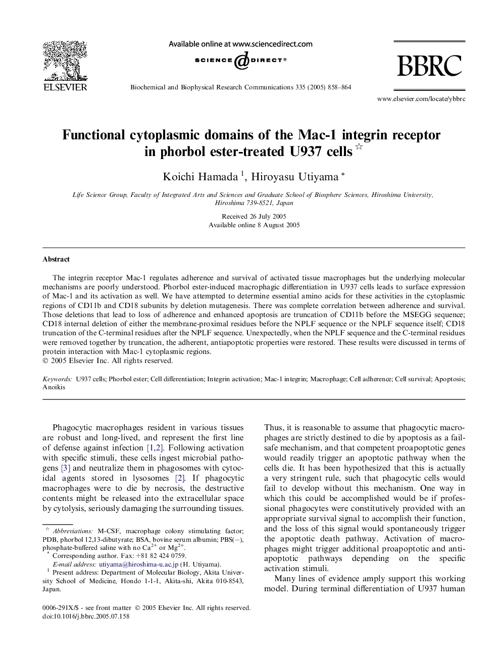 Functional cytoplasmic domains of the Mac-1 integrin receptor in phorbol ester-treated U937 cells