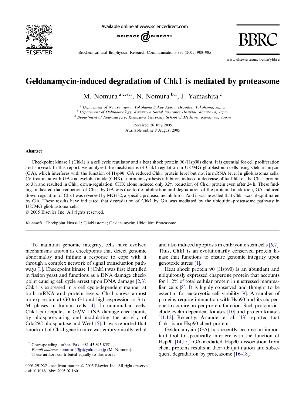 Geldanamycin-induced degradation of Chk1 is mediated by proteasome