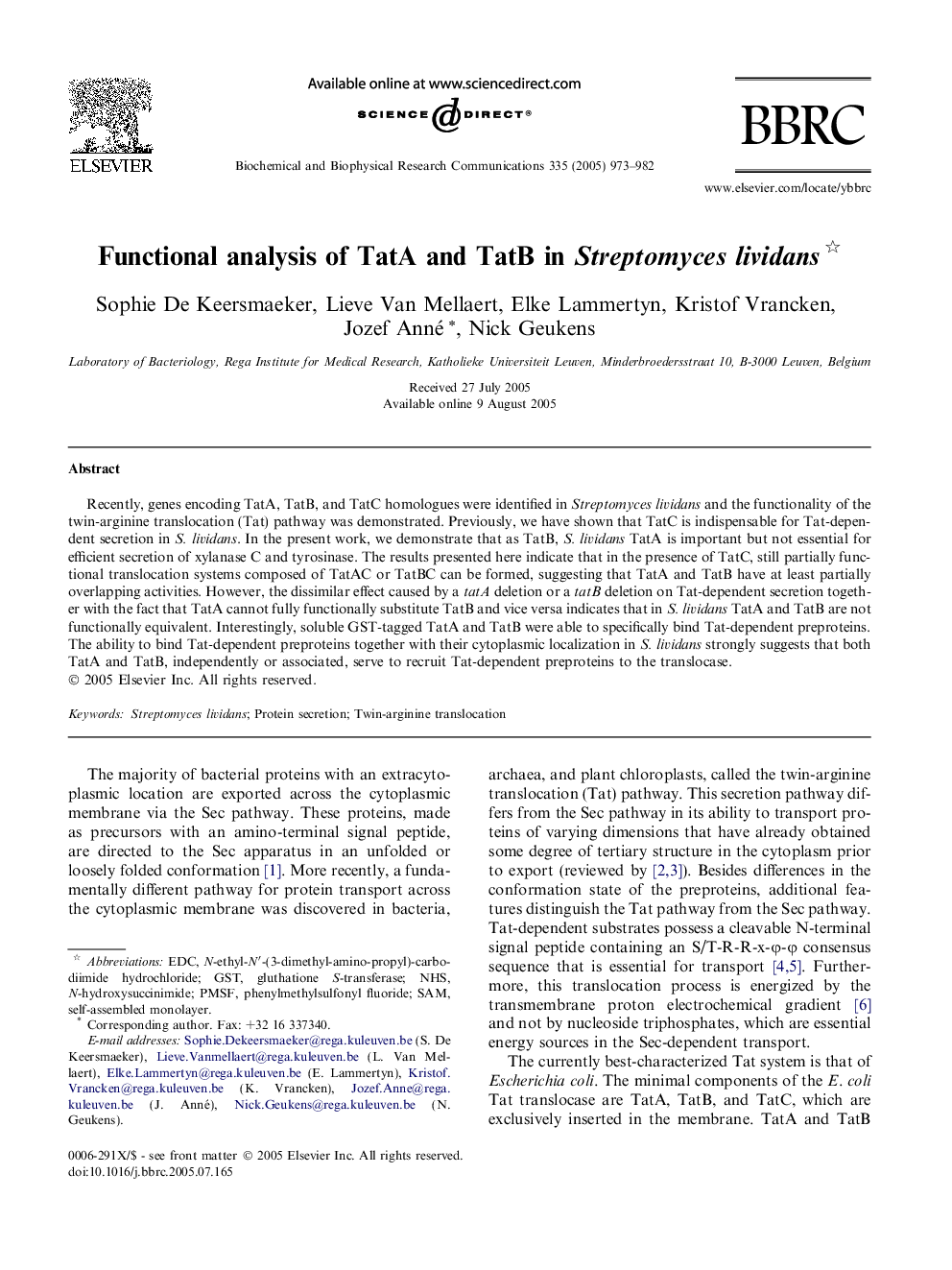 Functional analysis of TatA and TatB in Streptomyces lividans