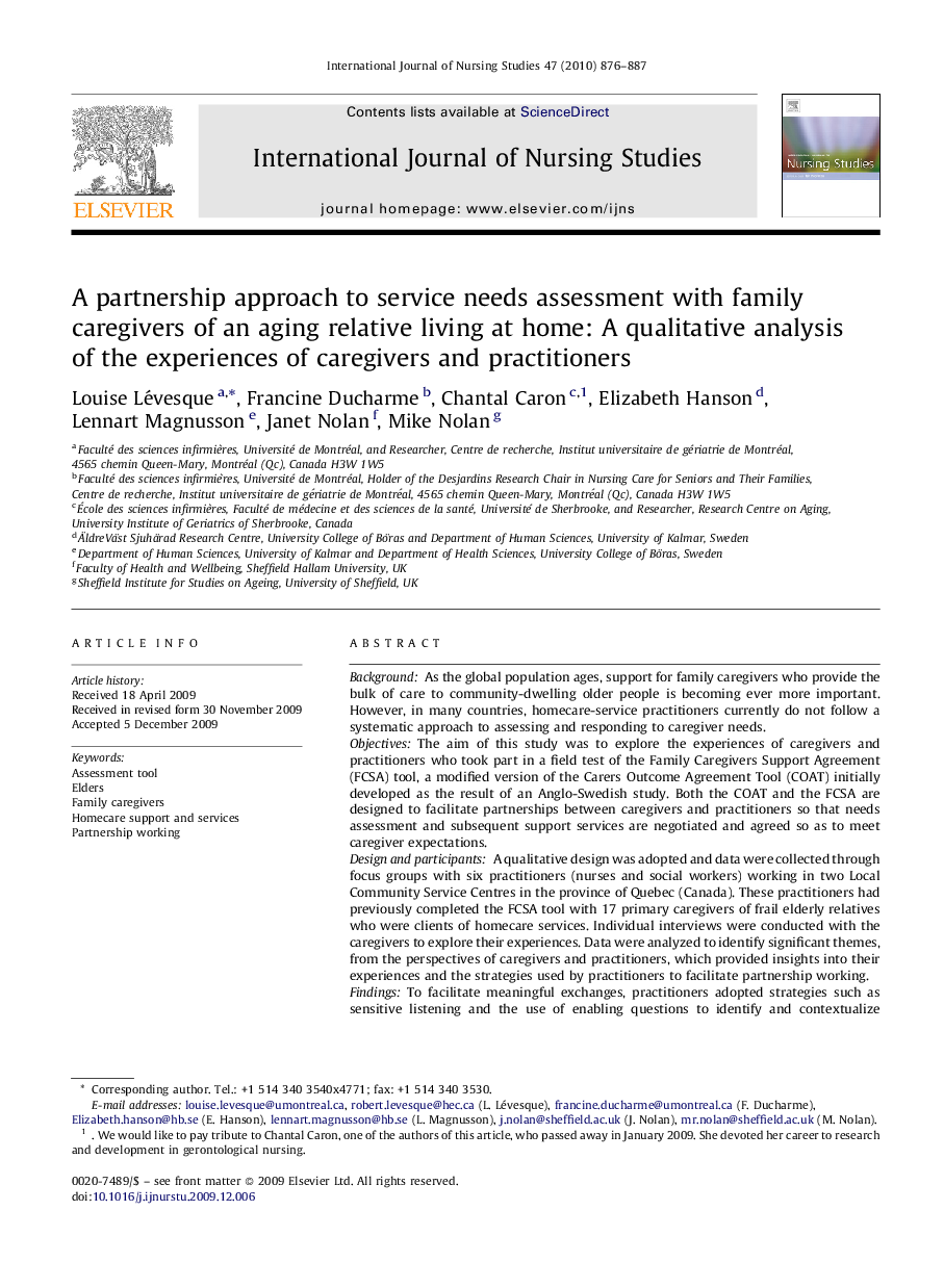 A partnership approach to service needs assessment with family caregivers of an aging relative living at home: A qualitative analysis of the experiences of caregivers and practitioners