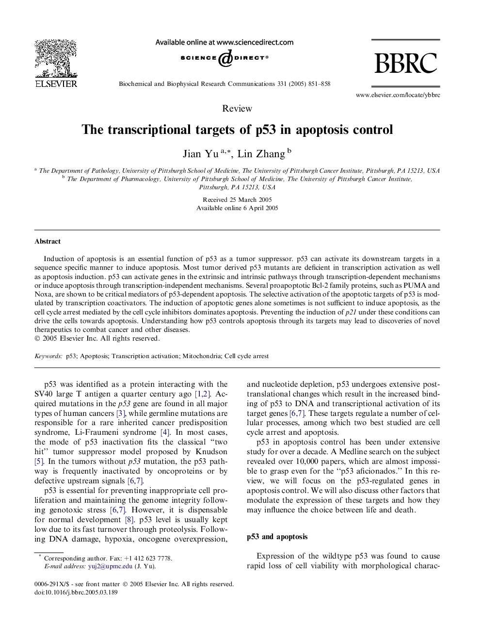 The transcriptional targets of p53 in apoptosis control