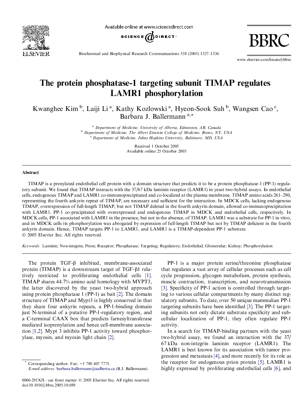 The protein phosphatase-1 targeting subunit TIMAP regulates LAMR1 phosphorylation