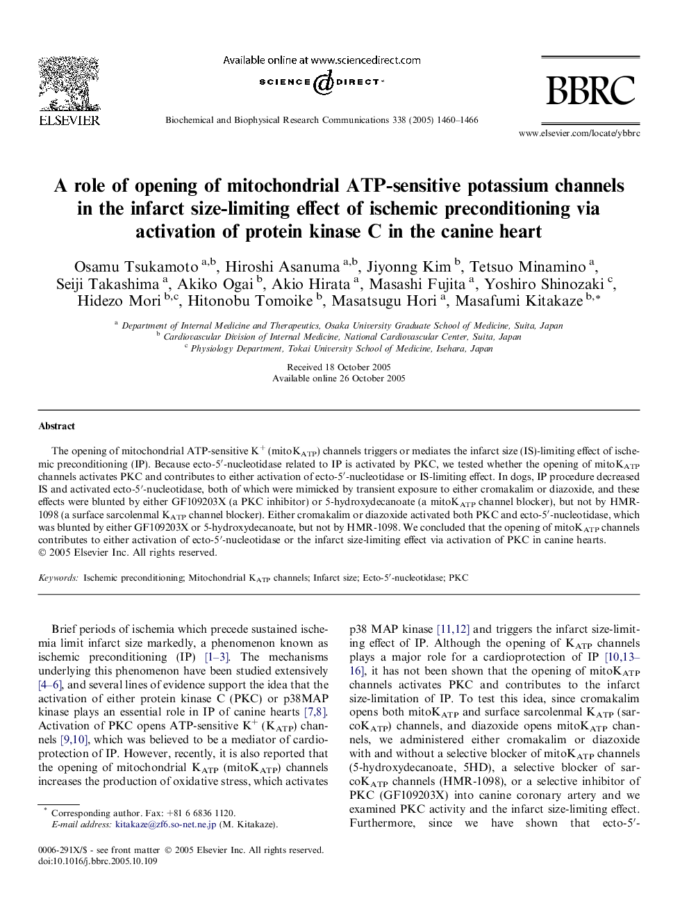 A role of opening of mitochondrial ATP-sensitive potassium channels in the infarct size-limiting effect of ischemic preconditioning via activation of protein kinase C in the canine heart