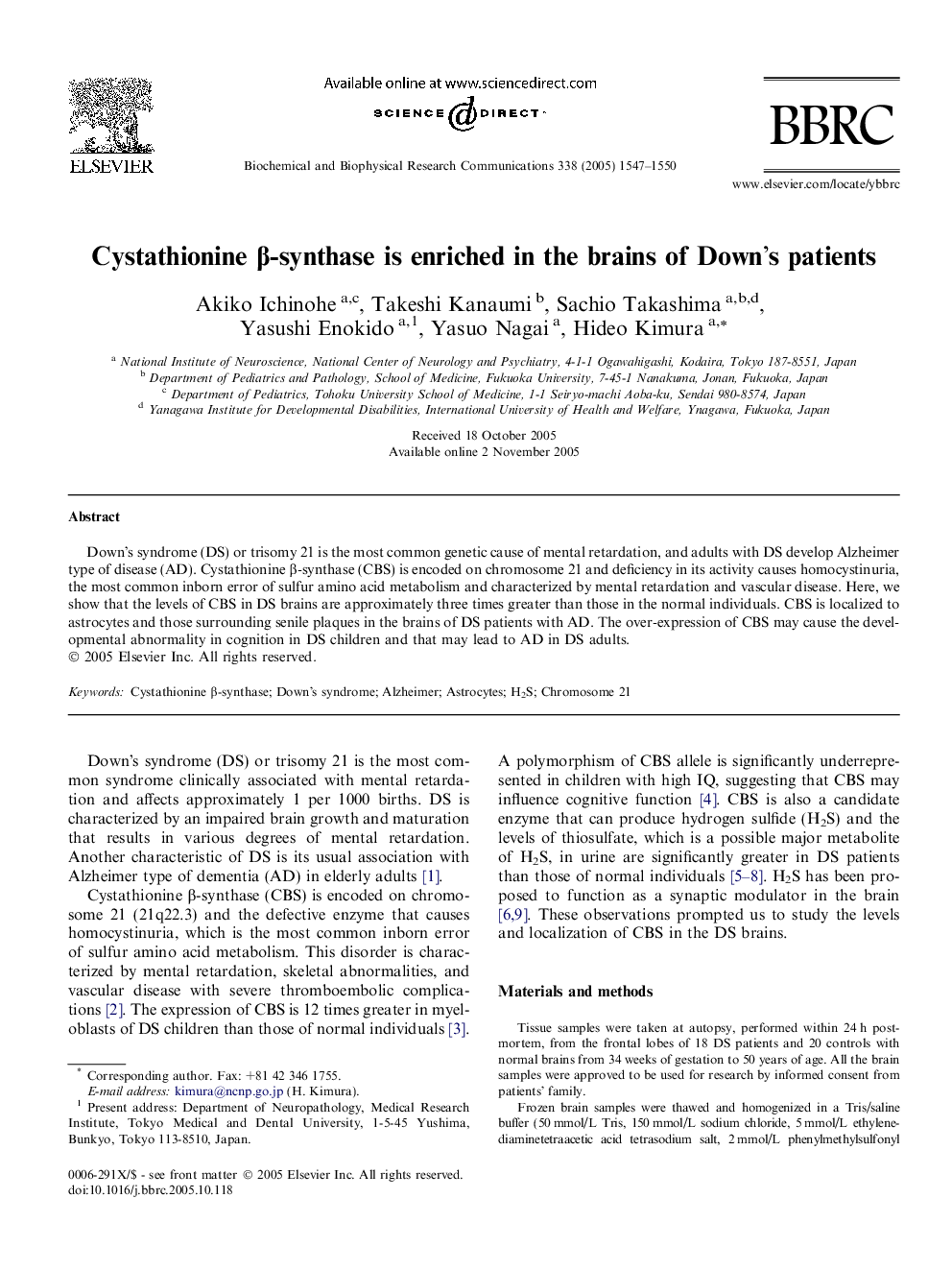 Cystathionine Î²-synthase is enriched in the brains of Down's patients