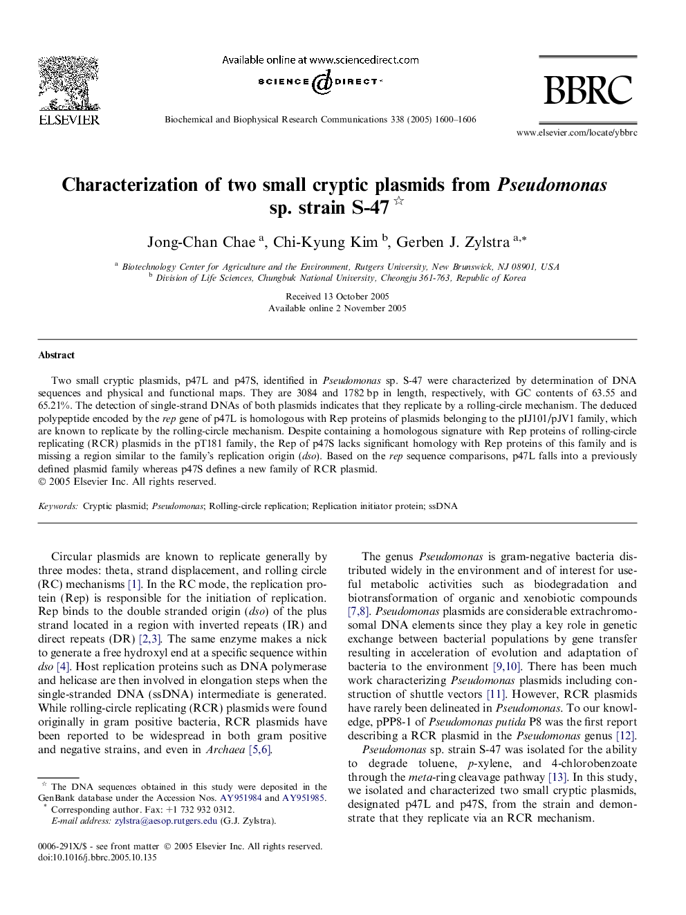 Characterization of two small cryptic plasmids from Pseudomonas sp. strain S-47