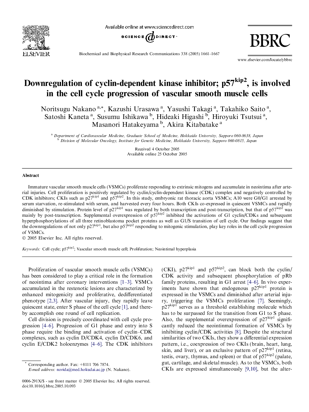 Downregulation of cyclin-dependent kinase inhibitor; p57kip2, is involved in the cell cycle progression of vascular smooth muscle cells