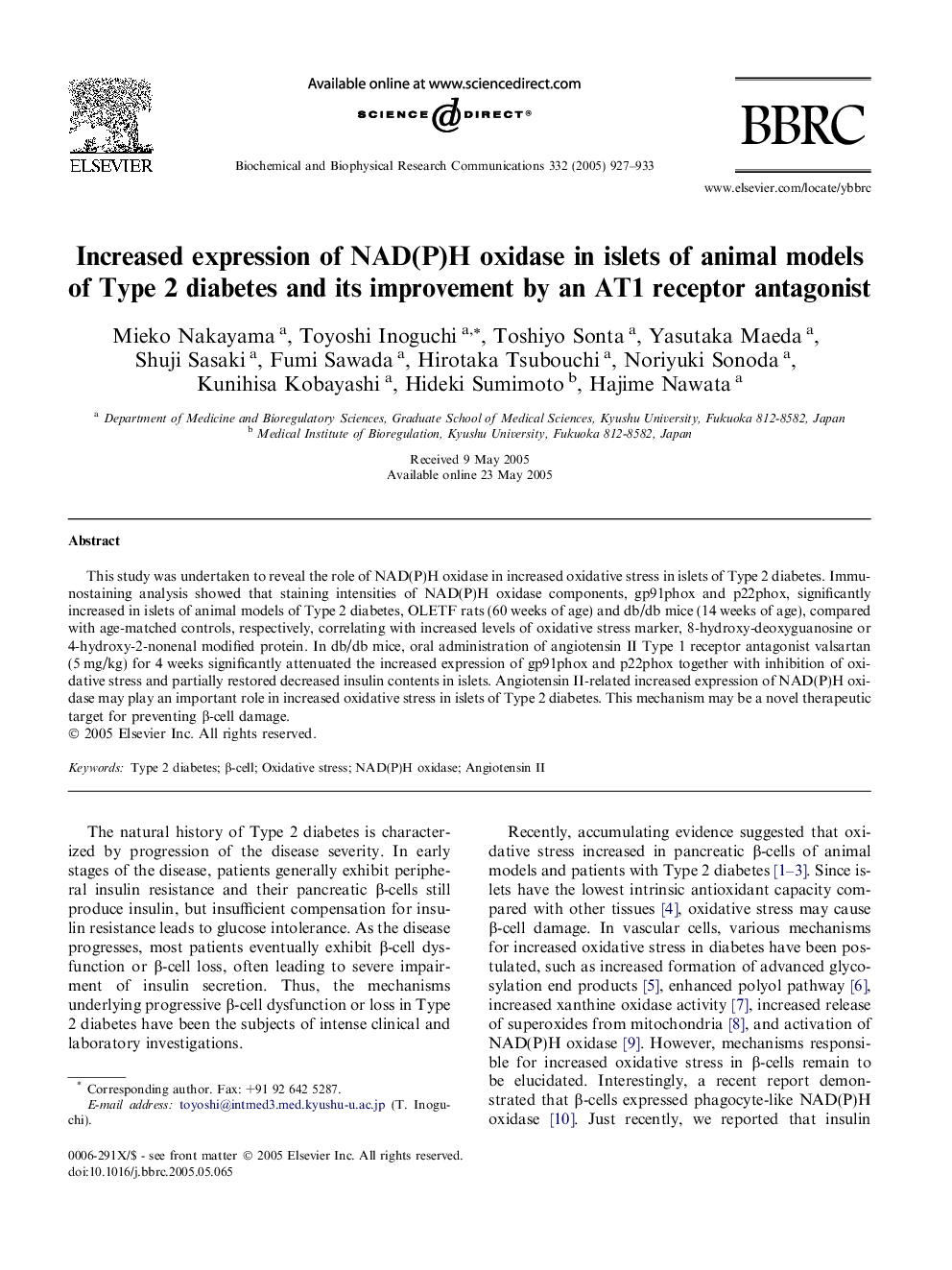 Increased expression of NAD(P)H oxidase in islets of animal models of Type 2 diabetes and its improvement by an AT1 receptor antagonist