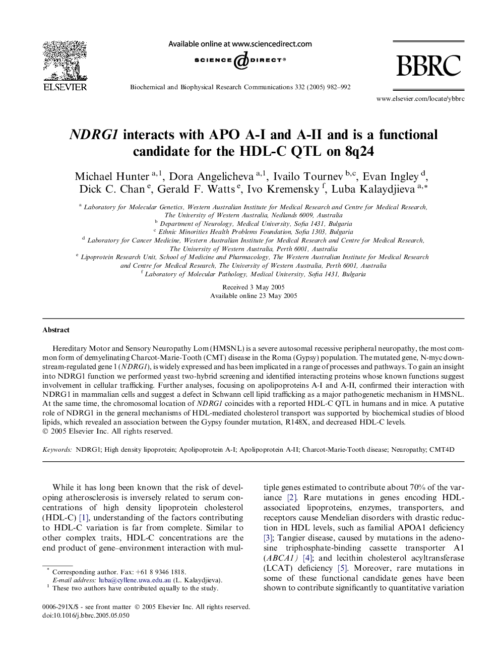 NDRG1 interacts with APO A-I and A-II and is a functional candidate for the HDL-C QTL on 8q24