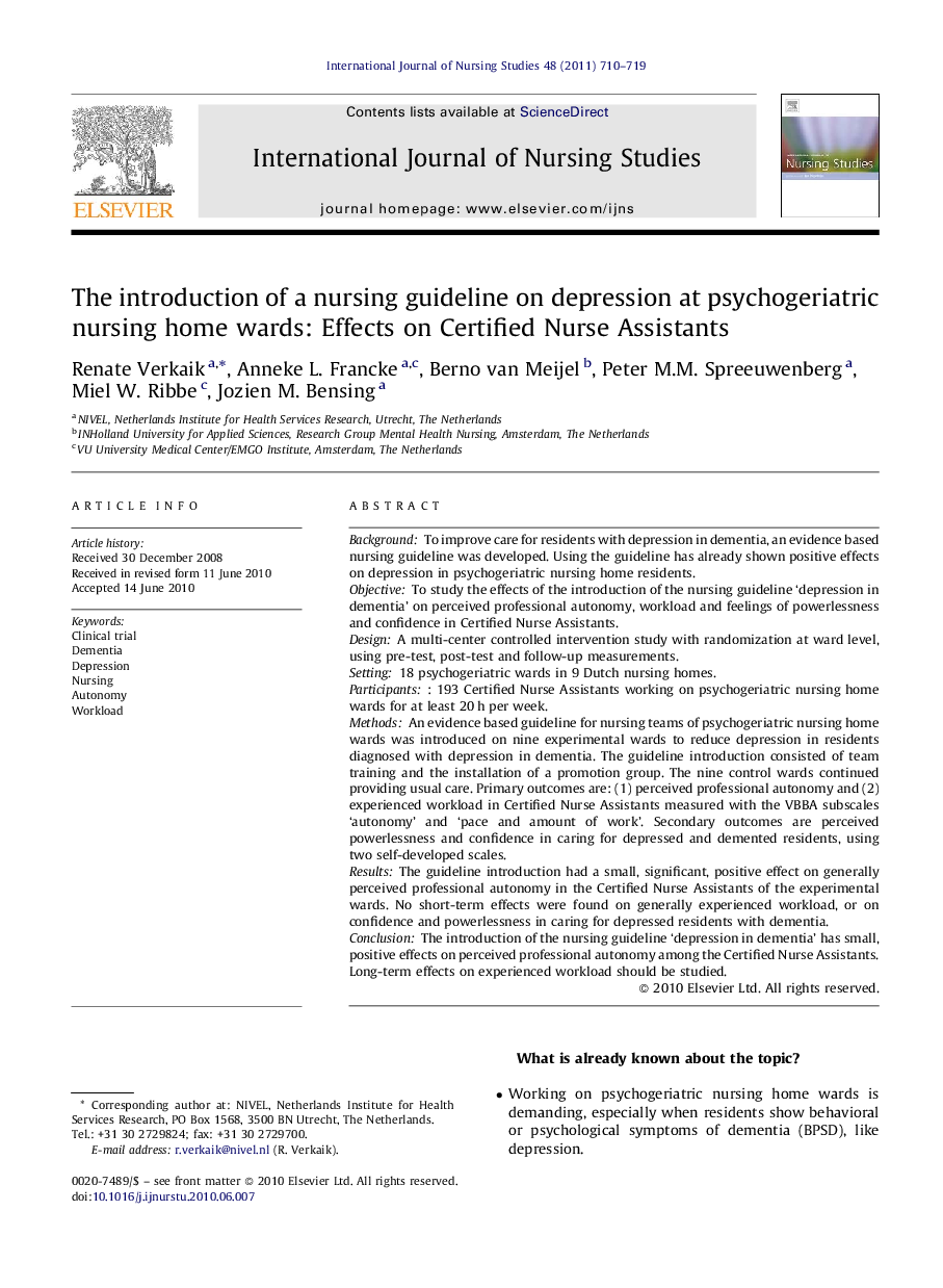 The introduction of a nursing guideline on depression at psychogeriatric nursing home wards: Effects on Certified Nurse Assistants