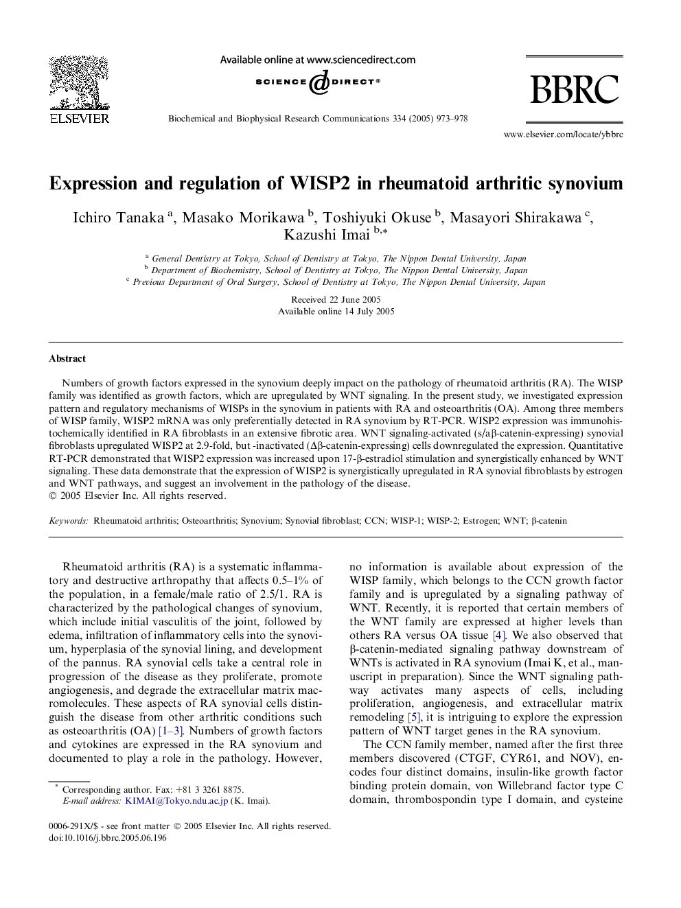 Expression and regulation of WISP2 in rheumatoid arthritic synovium